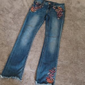 Grace In LA Boho Embroidered Floral Jeans Easy Fit
